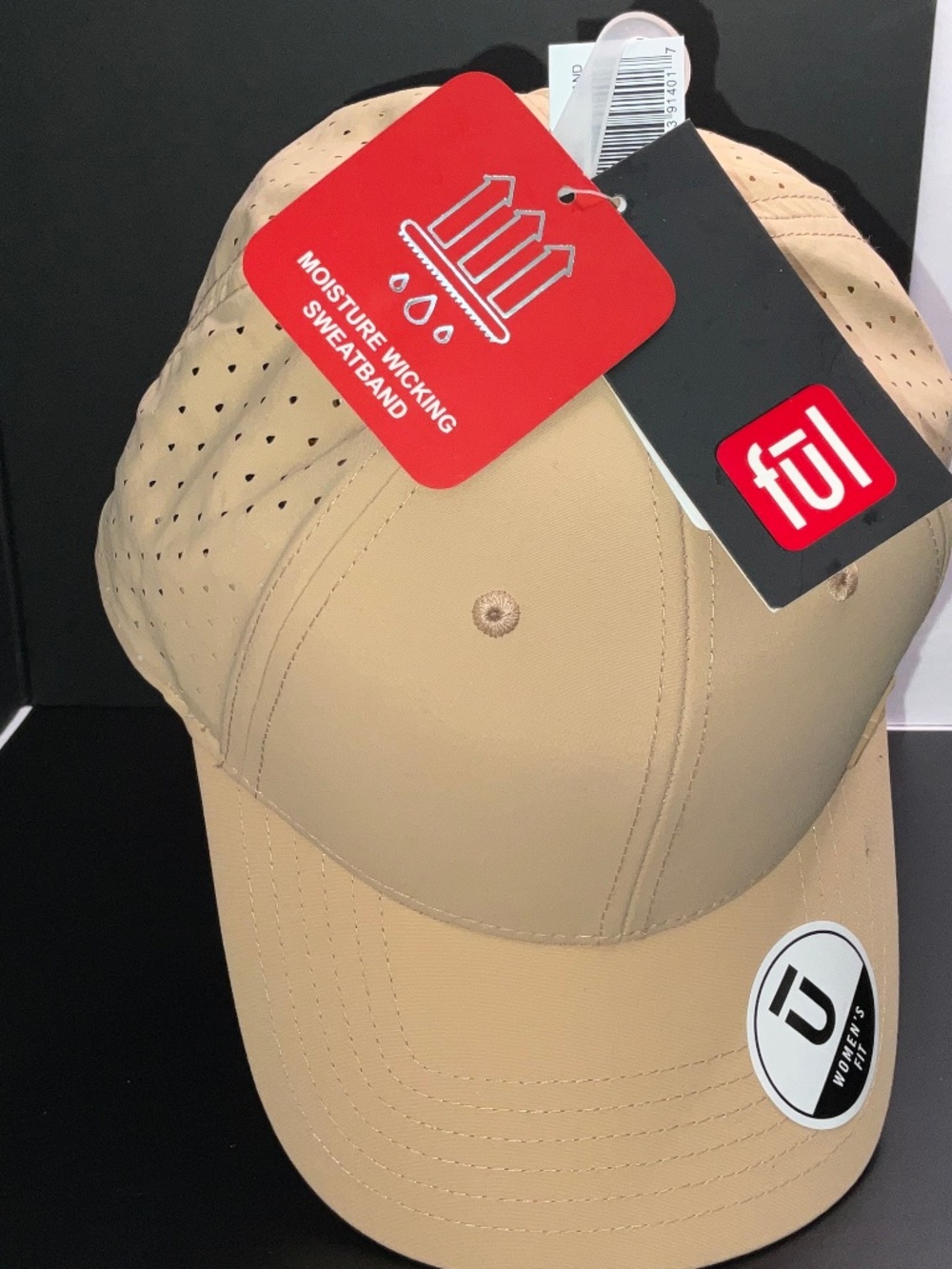 FUL Perforated Nylon Cap with 3D Rubber Logo & Elastic BackStrap. NEW. Beige.
